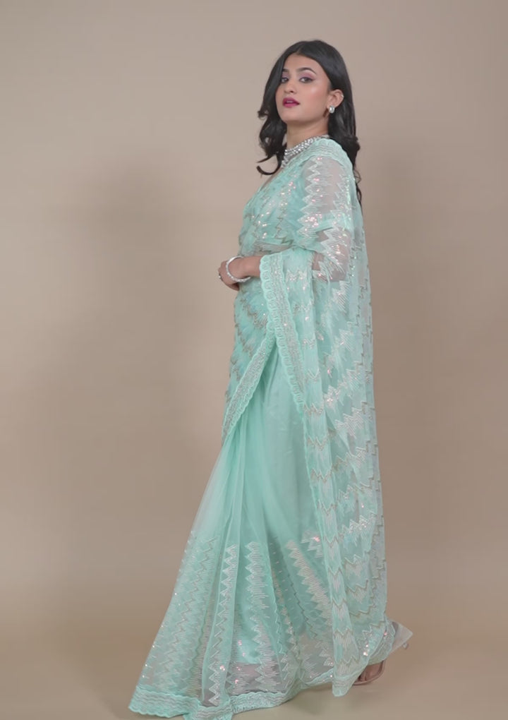 Sky Blue Sequins Tissue Saree