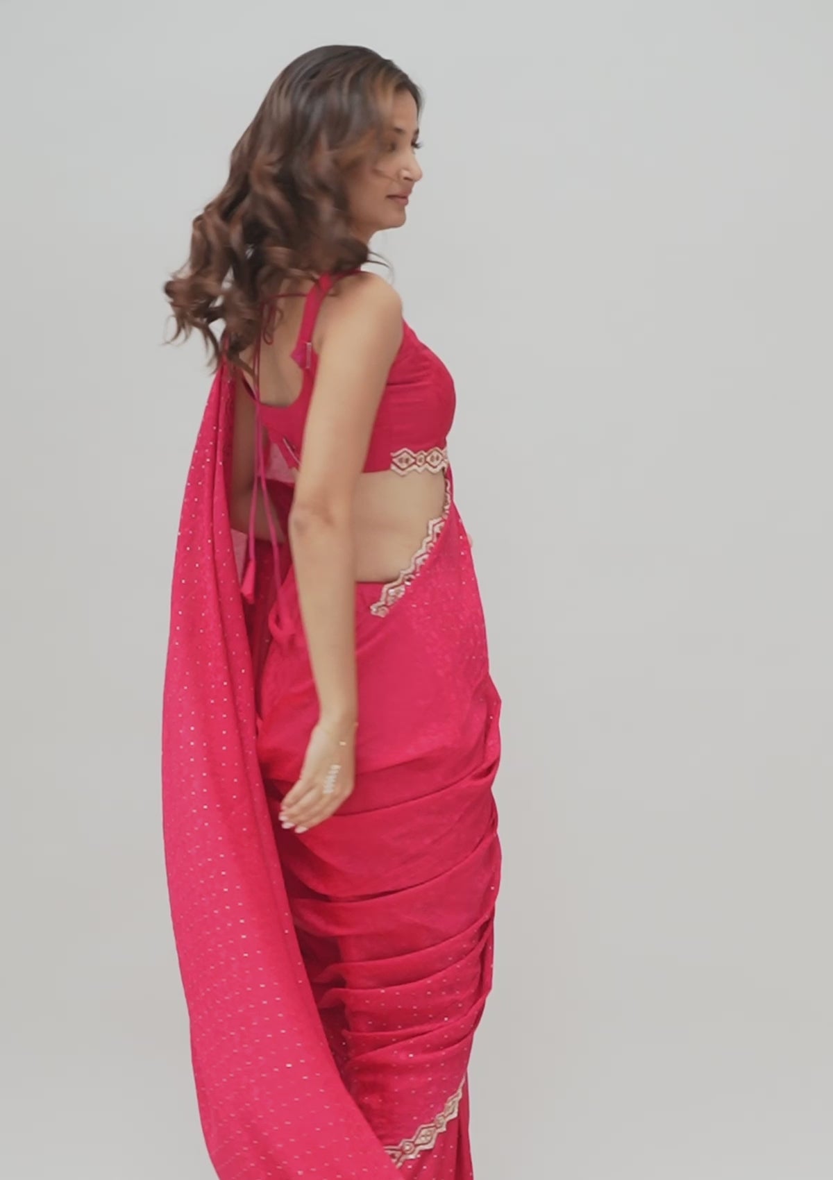 Rani Pink Stonework Semi Crepe Saree