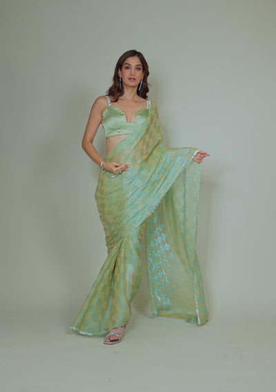 Pista Green Stonework Semi Crepe Saree