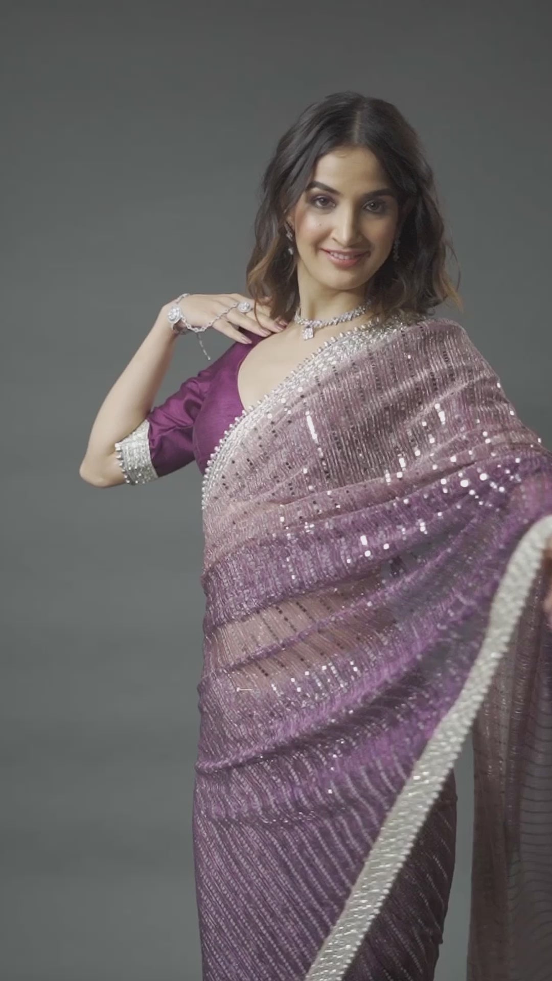Purple Sequins Shimmer Georgette Saree