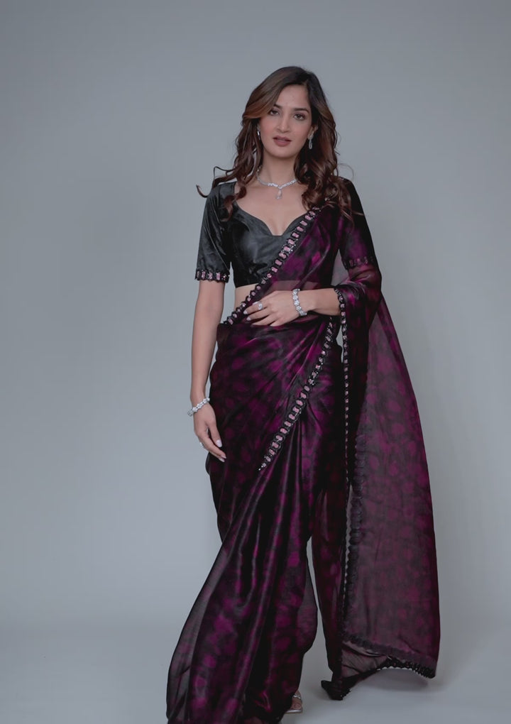 Wine Printed Organza Saree