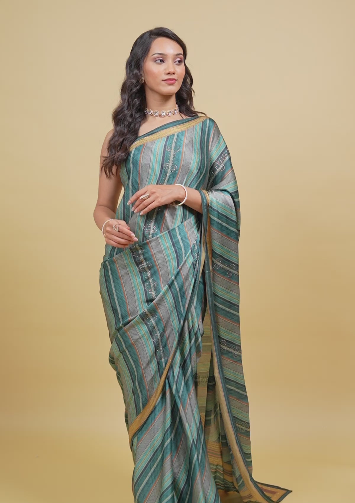 Sea Green Printed Semi Crepe Designer Saree