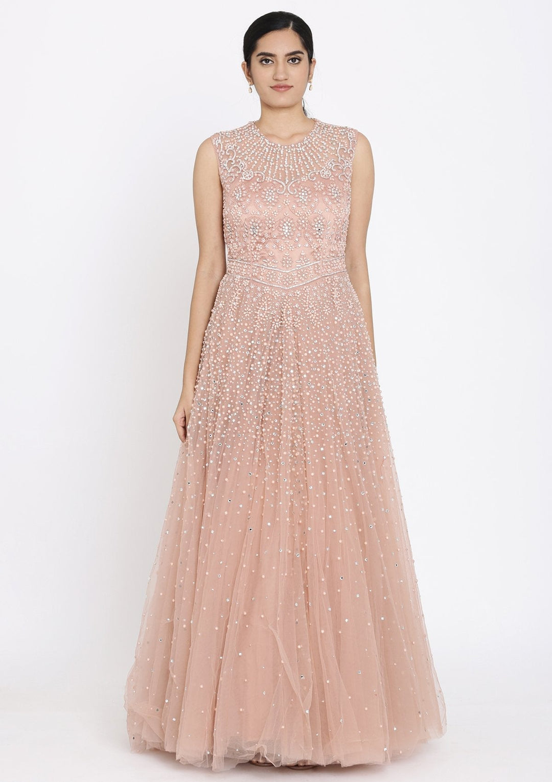 Onion Pink Pearlwork Net Designer Gown - koskii