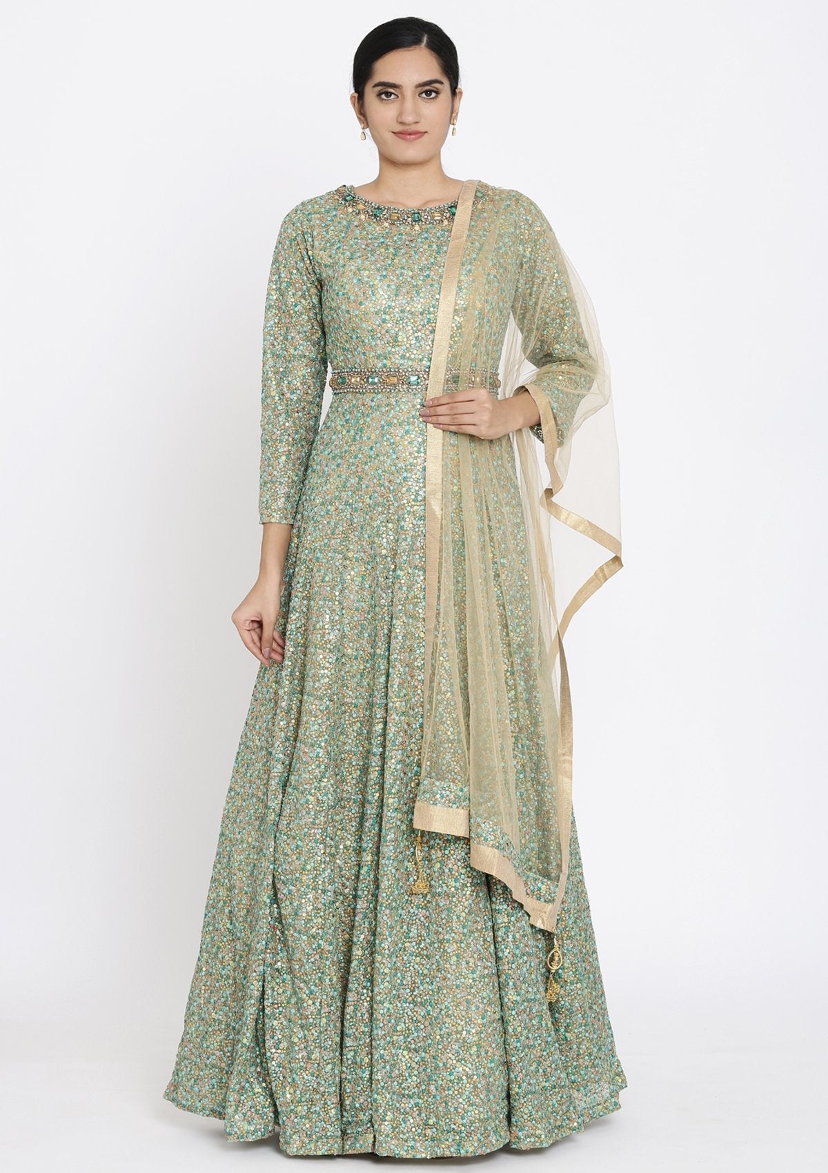 Rama Green Sequins Embellished Designer Gown - koskii