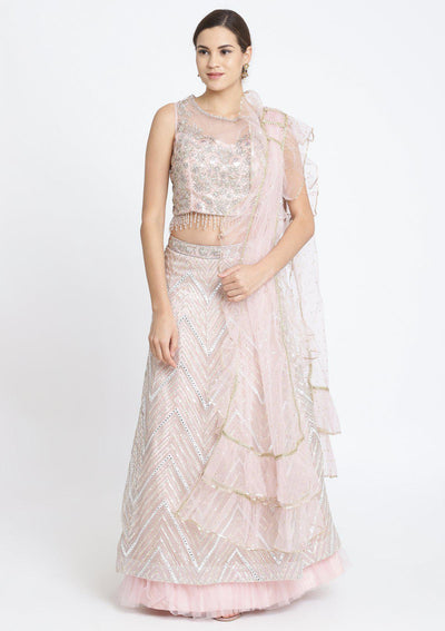 Baby Pink Silver Stonework Net Designer Lehenga-Koskii