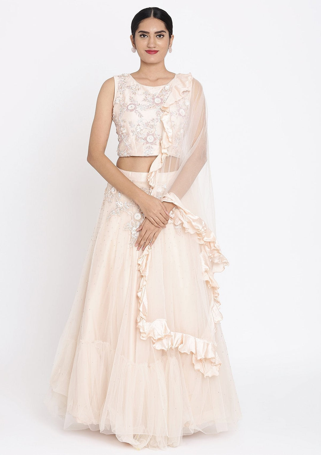 Peach Cutdana Net Designer Lehenga - koskii