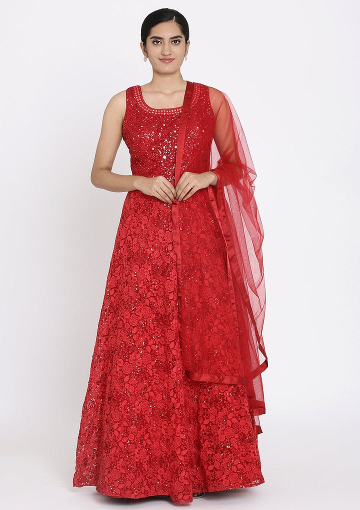 Red Chikankari Net Designer Gown - koskii