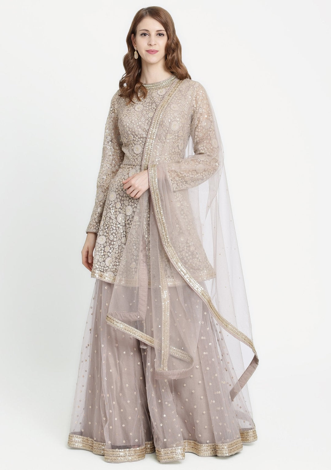 Light Grey Mirrorwork Net Designer Sharara-Koskii