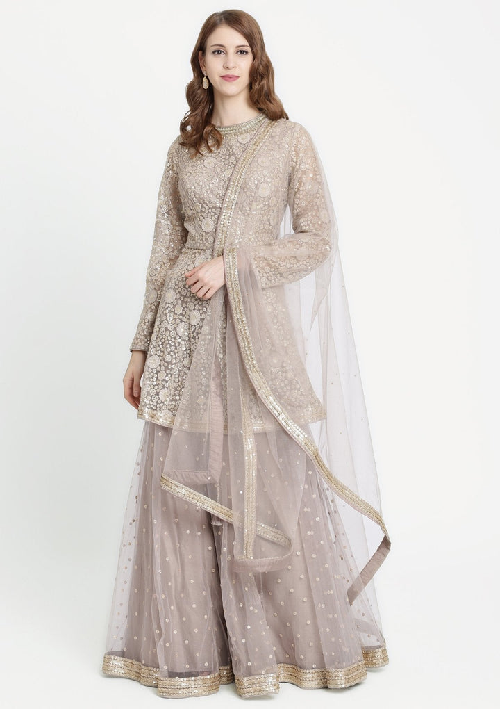 Light Grey Mirrorwork Net Designer Sharara-Koskii