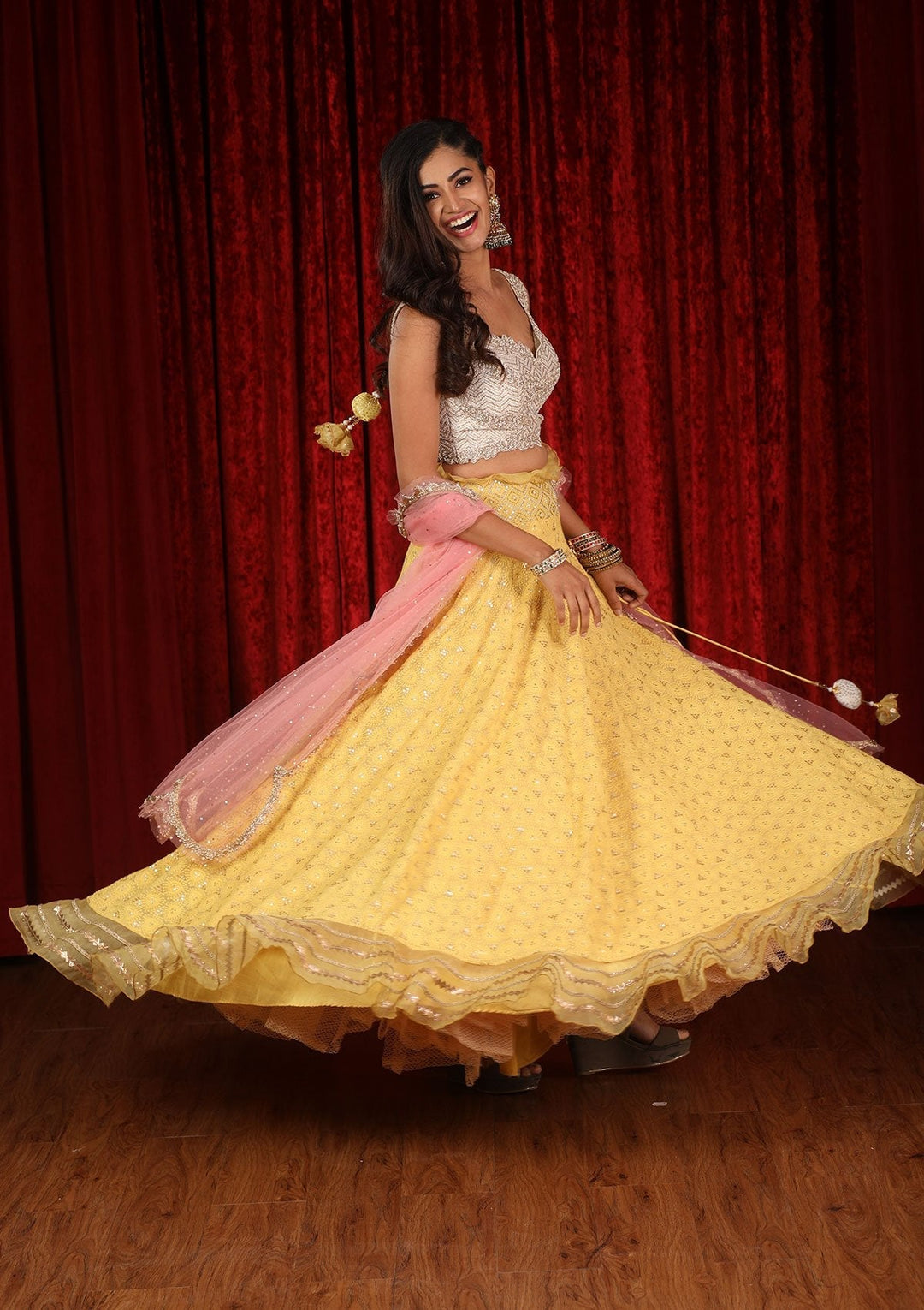 Yellow Chikankari Georgette Designer Lehenga-Koskii