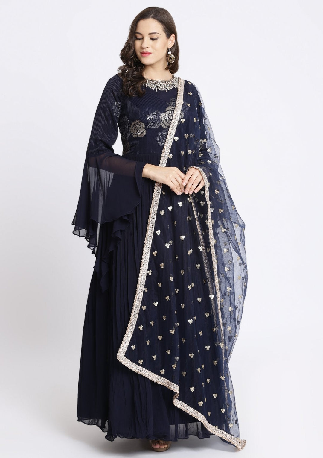 Navy Blue Sequinned Georgette Designer Gown-Koskii