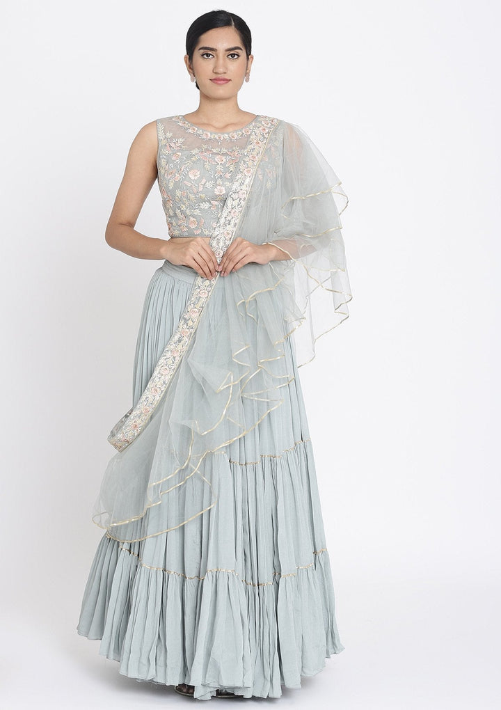 Light Grey Threadwork Georgette Designer Lehenga - koskii