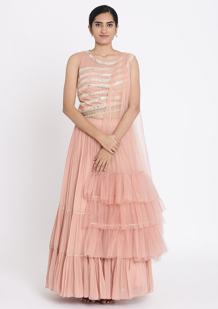 Mauve Mirrorwork Net Designer Lehenga - koskii