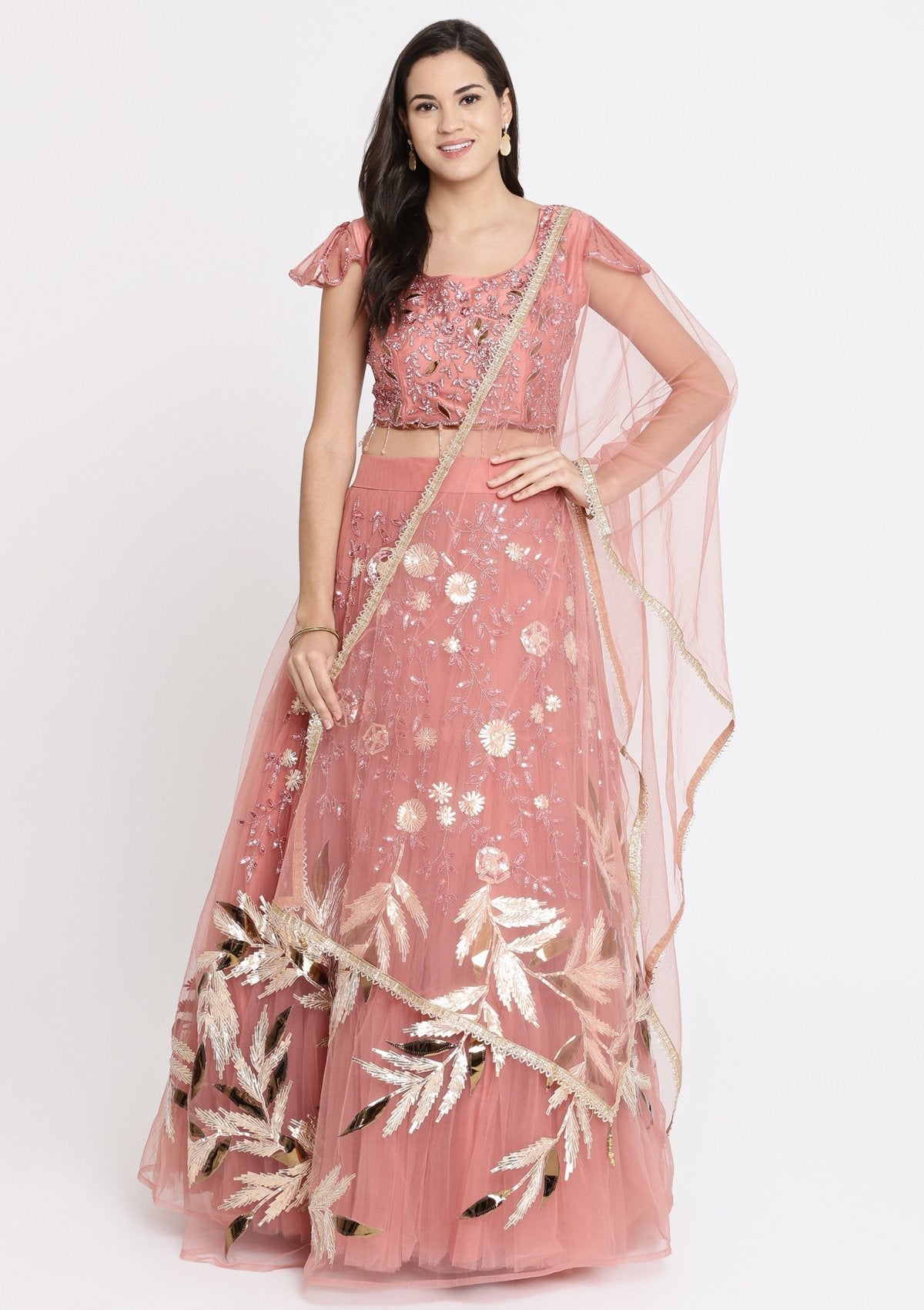 Onion Pink Cutdana Net Designer Lehenga-Koskii