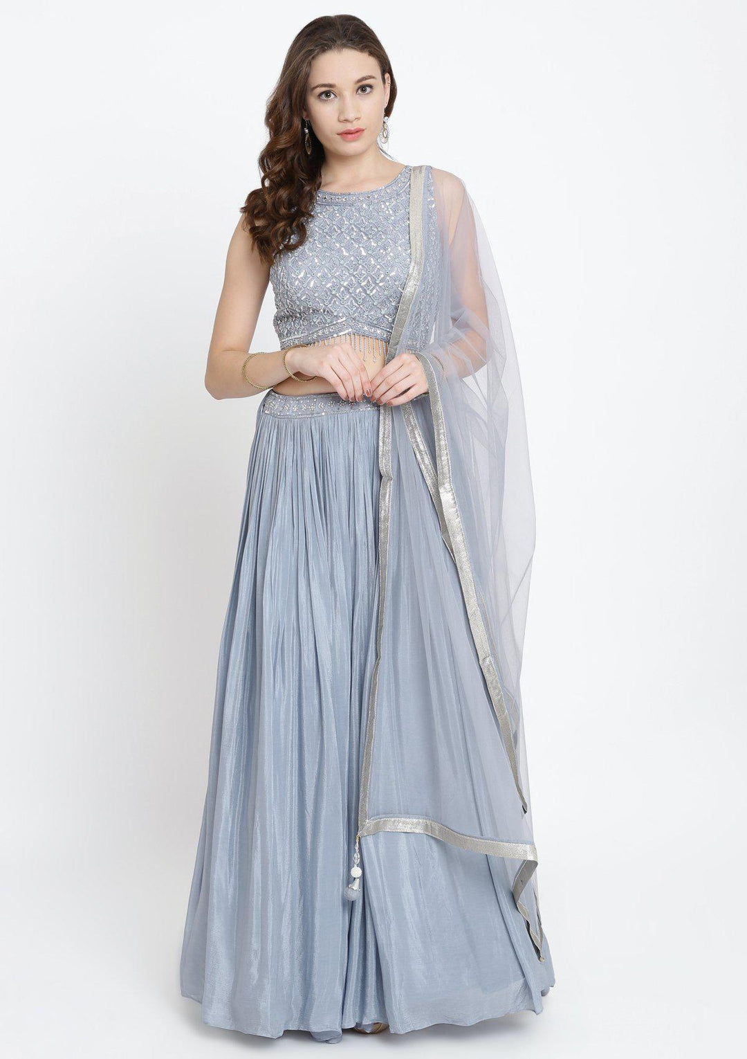 Light Grey Sequinned Satin Designer Lehenga-Koskii