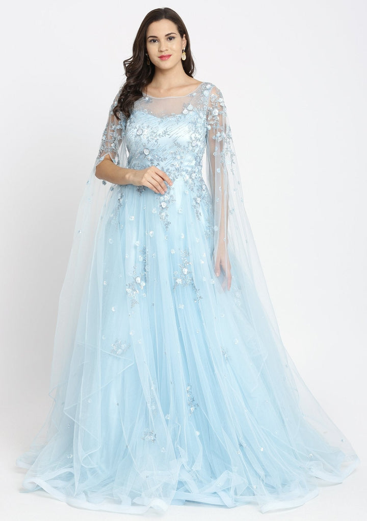 Sky Blue Cutdana Net Designer Gown-Koskii