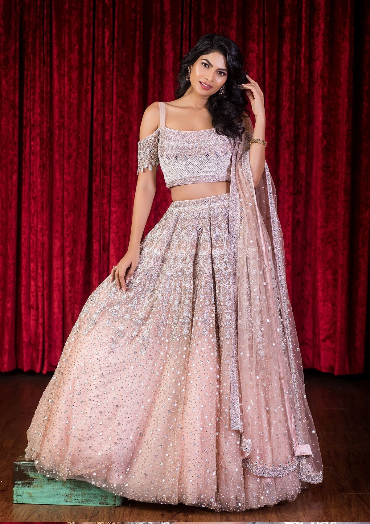 Peach Stonework Net Designer Lehenga-Koskii