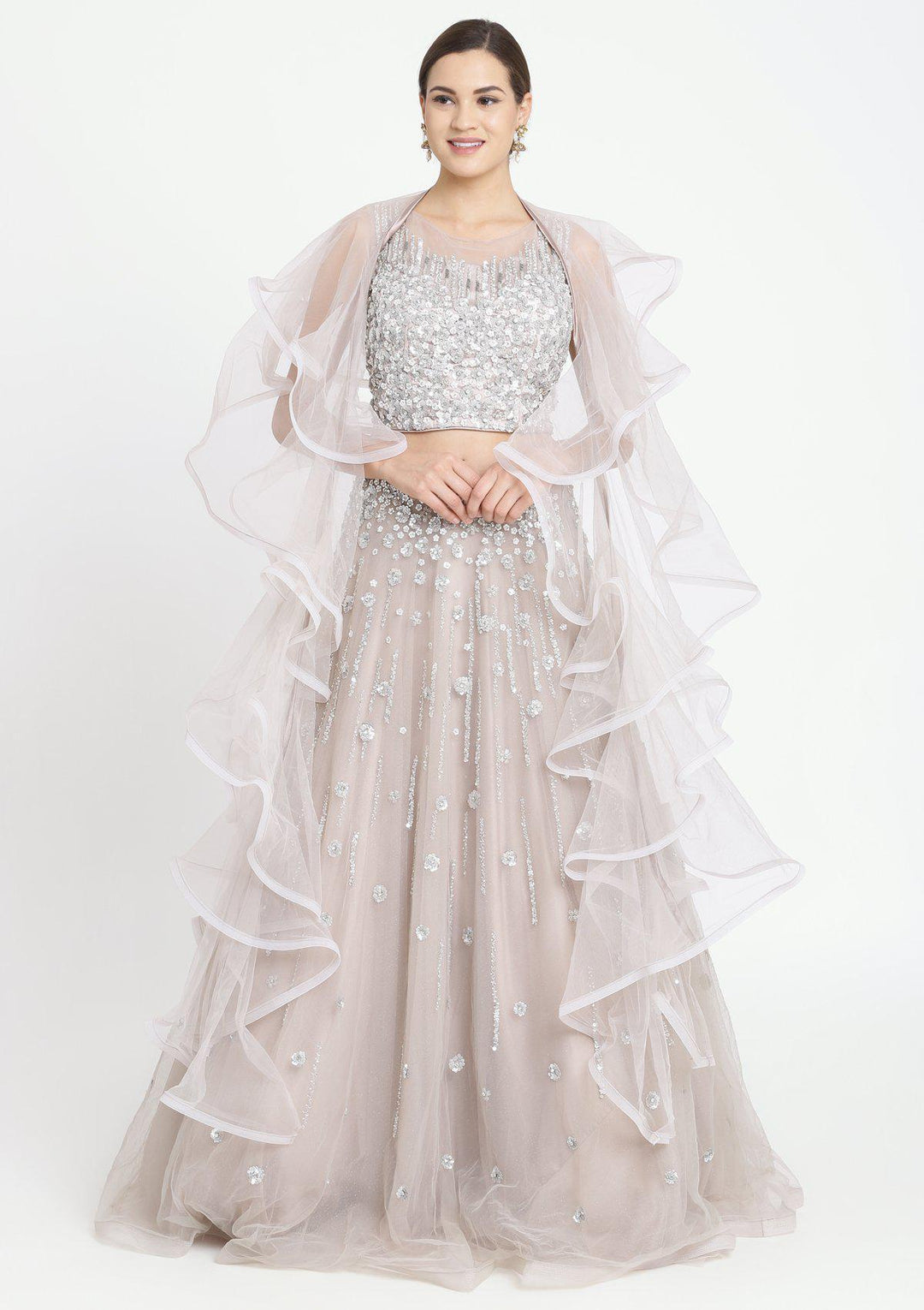 Light Grey Sequins Net Designer Lehenga-Koskii