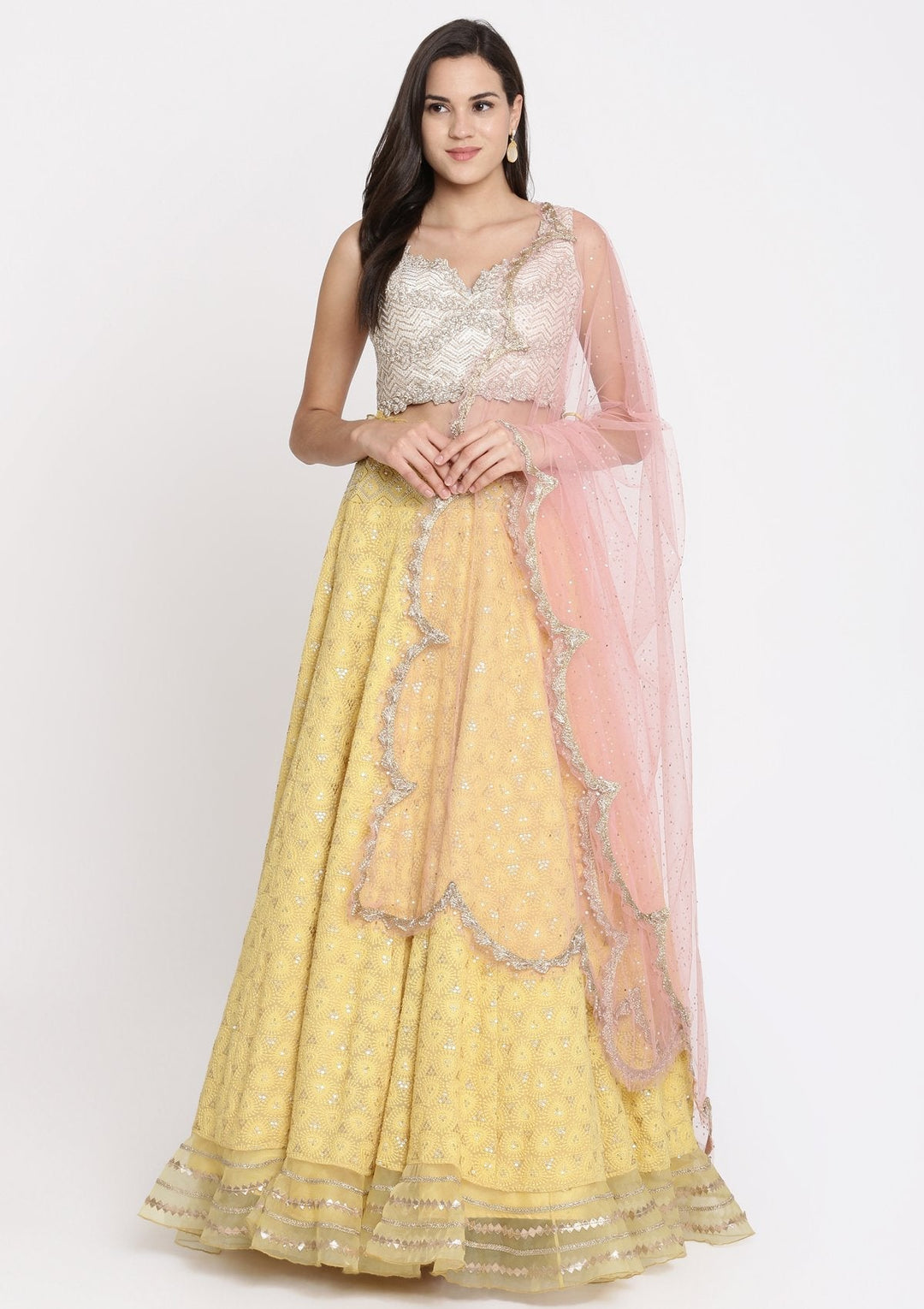 Yellow Chikankari Georgette Designer Lehenga-Koskii