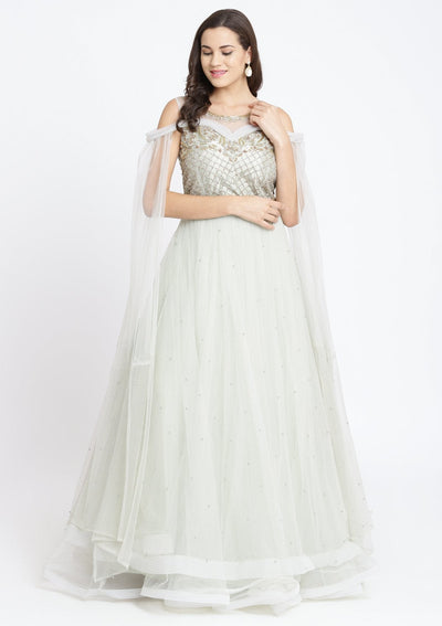 Pista Green Cutdana Net Designer Gown-Koskii