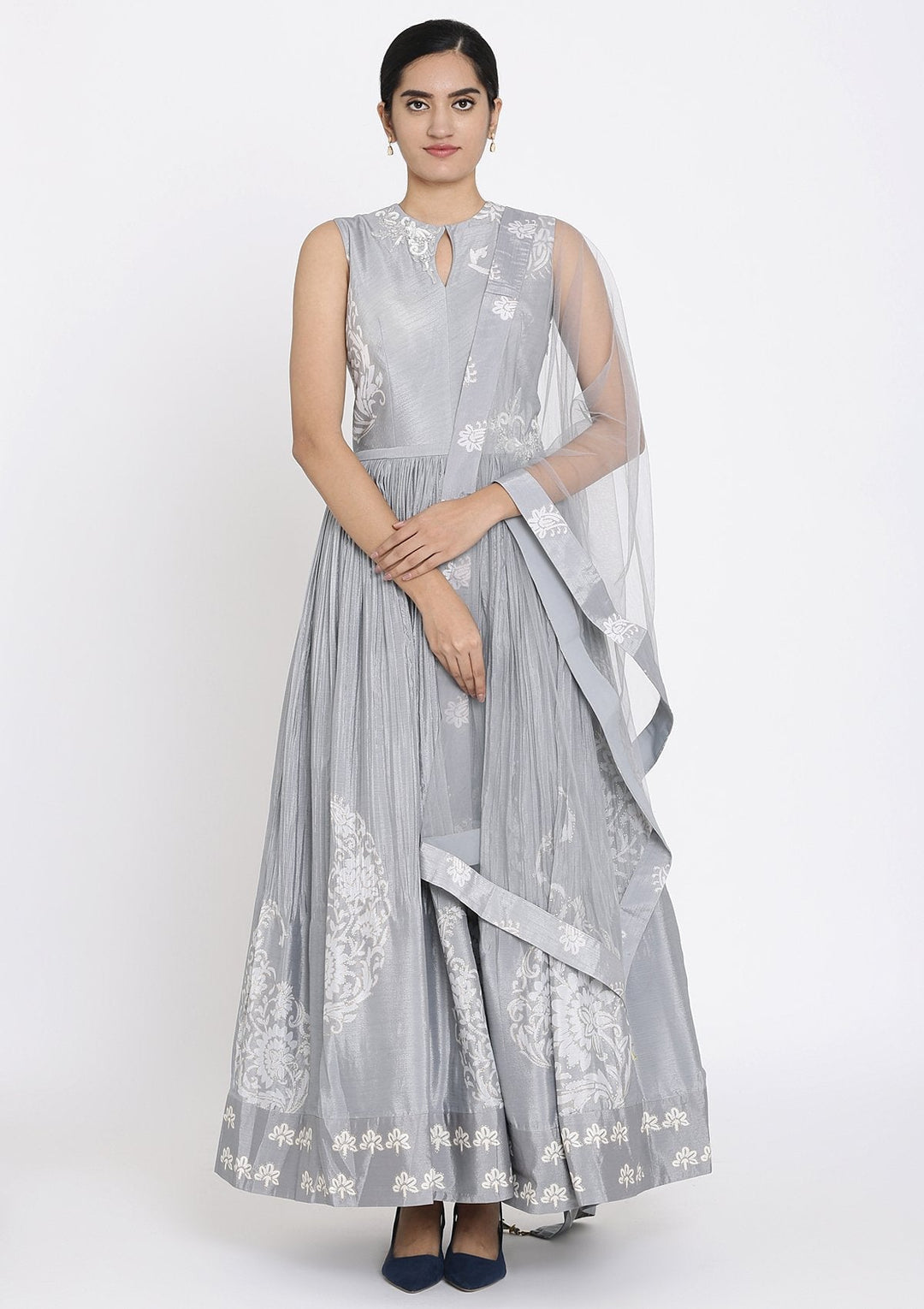 Light Grey Cutdana Satin Designer Gown - koskii