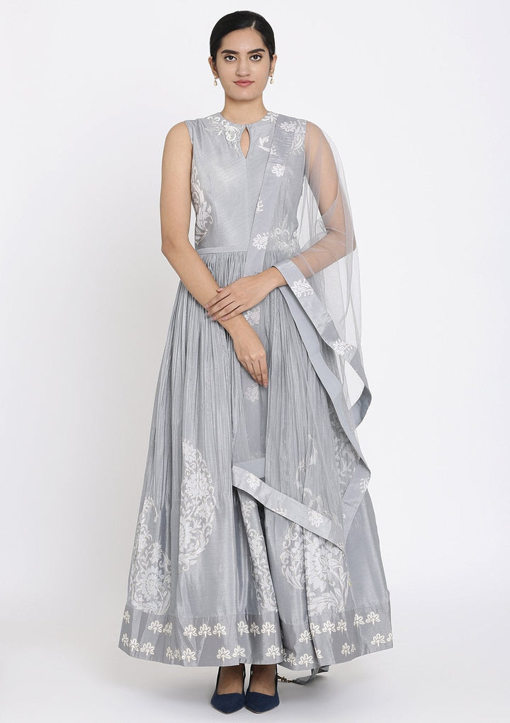 Light Grey Cutdana Satin Designer Gown - koskii