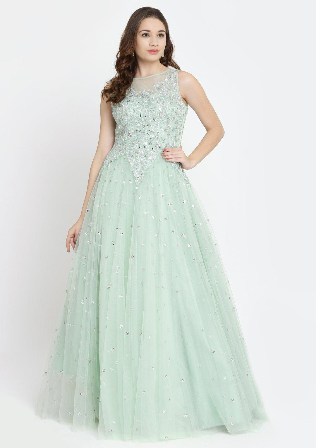 Pista Green Sequins Net Designer Gown-Koskii