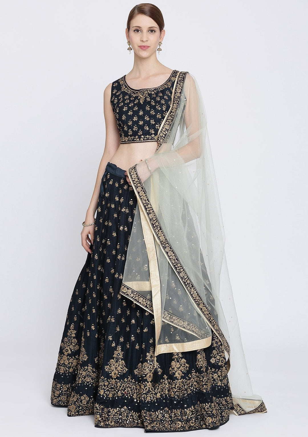 Navy Blue Mirrorwork Net Designer Lehenga-Koskii