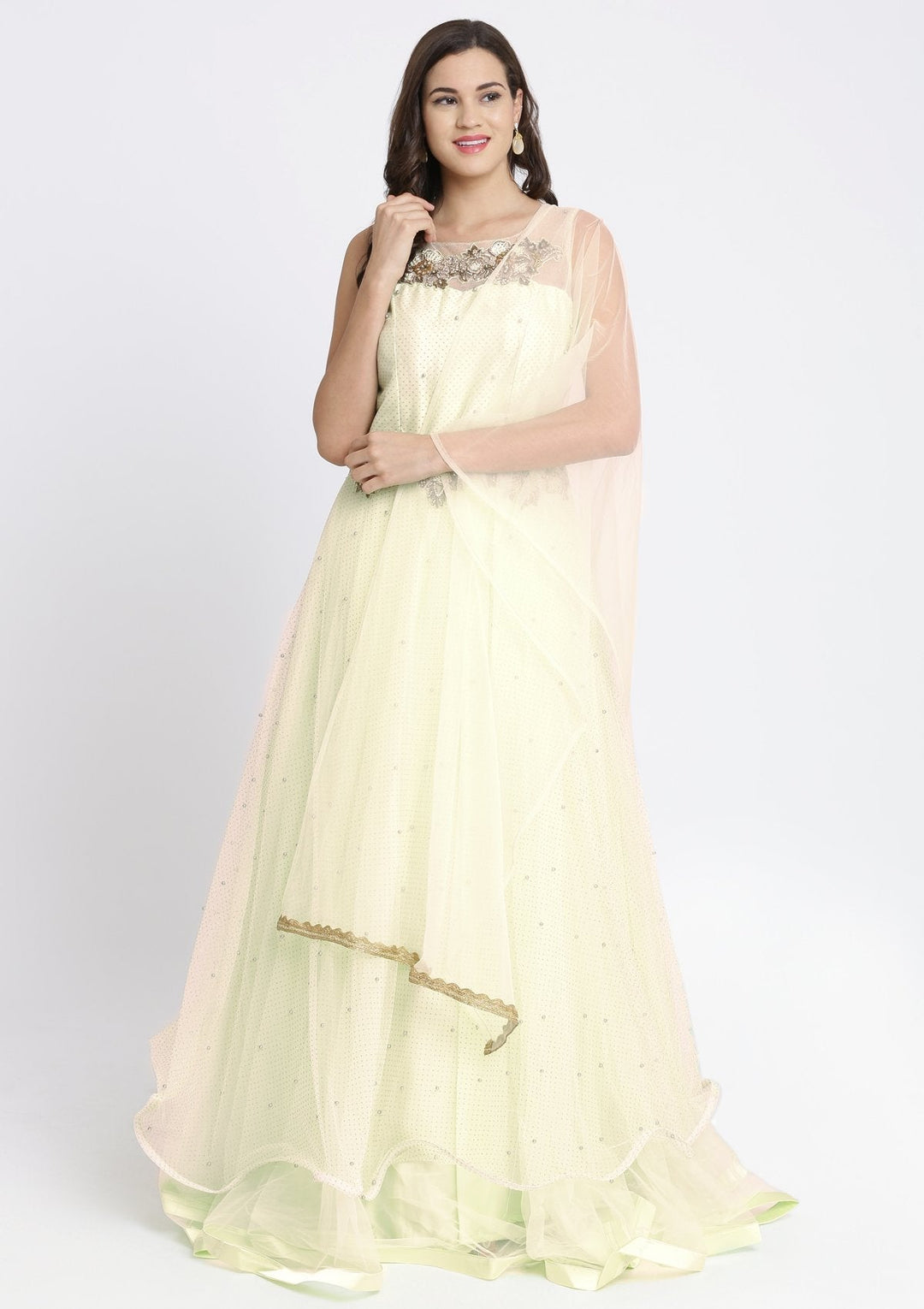 Pista Green Cutdana Net Designer Gown-Koskii