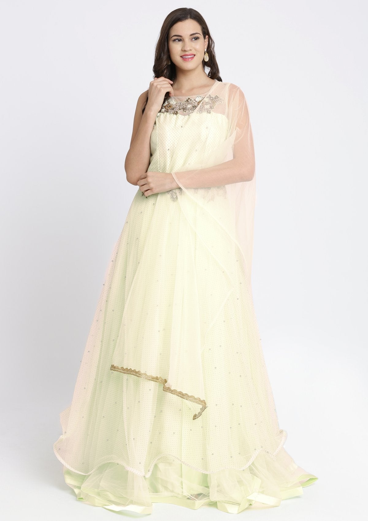 Pista Green Cutdana Net Designer Gown-Koskii