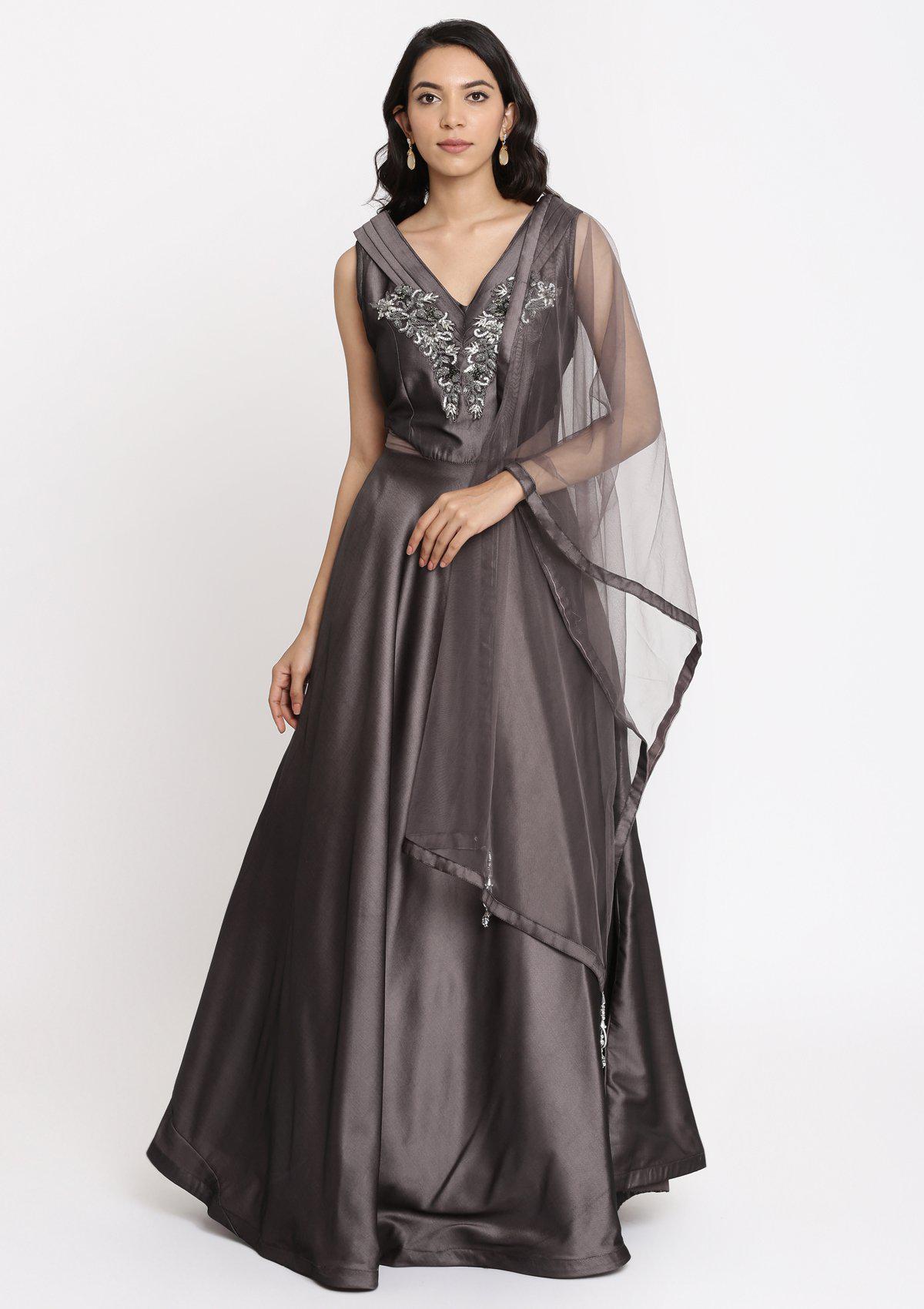 Mauve Cutdana Taffeta Silk Designer Gown-Koskii