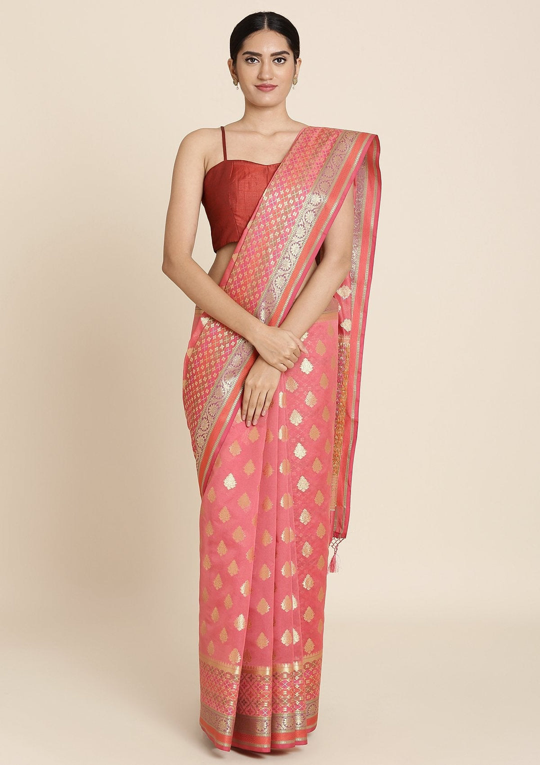 Rani Pink Zariwork Art Silk Designer Saree - koskii