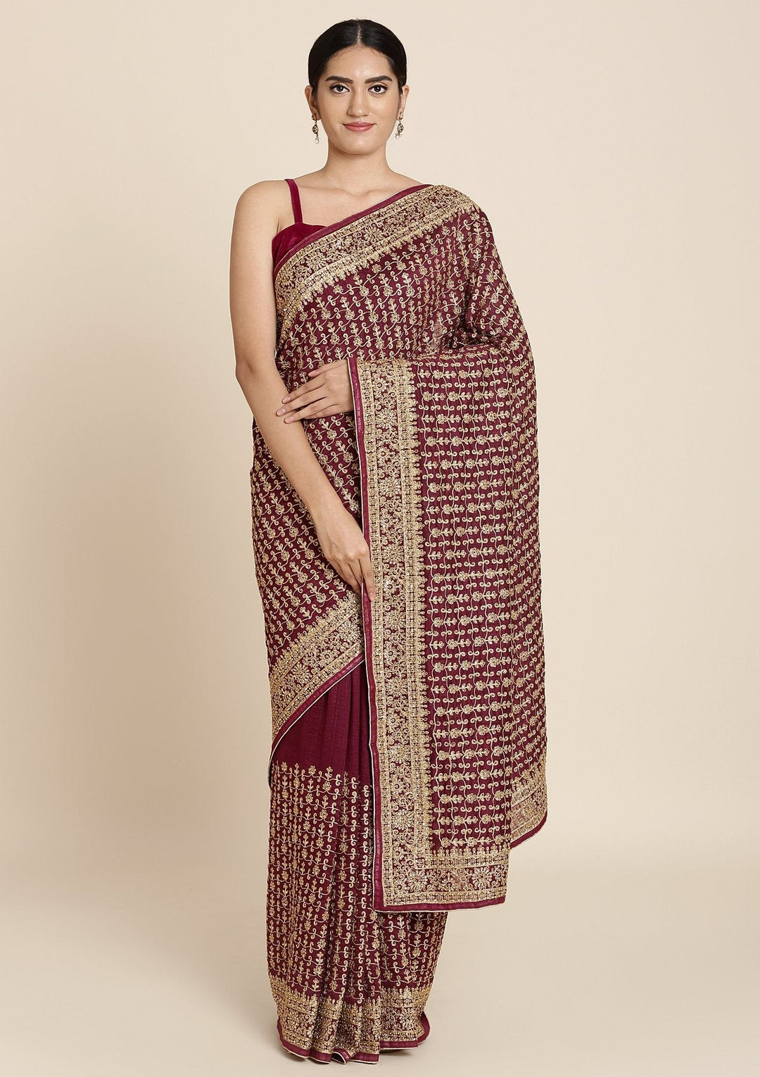 Wine Zariwork Art Silk Designer Saree - koskii