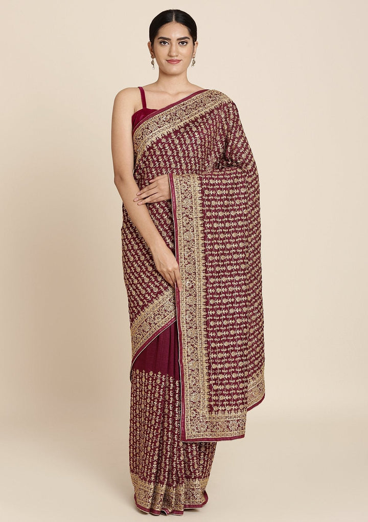 Wine Zariwork Art Silk Designer Saree - koskii