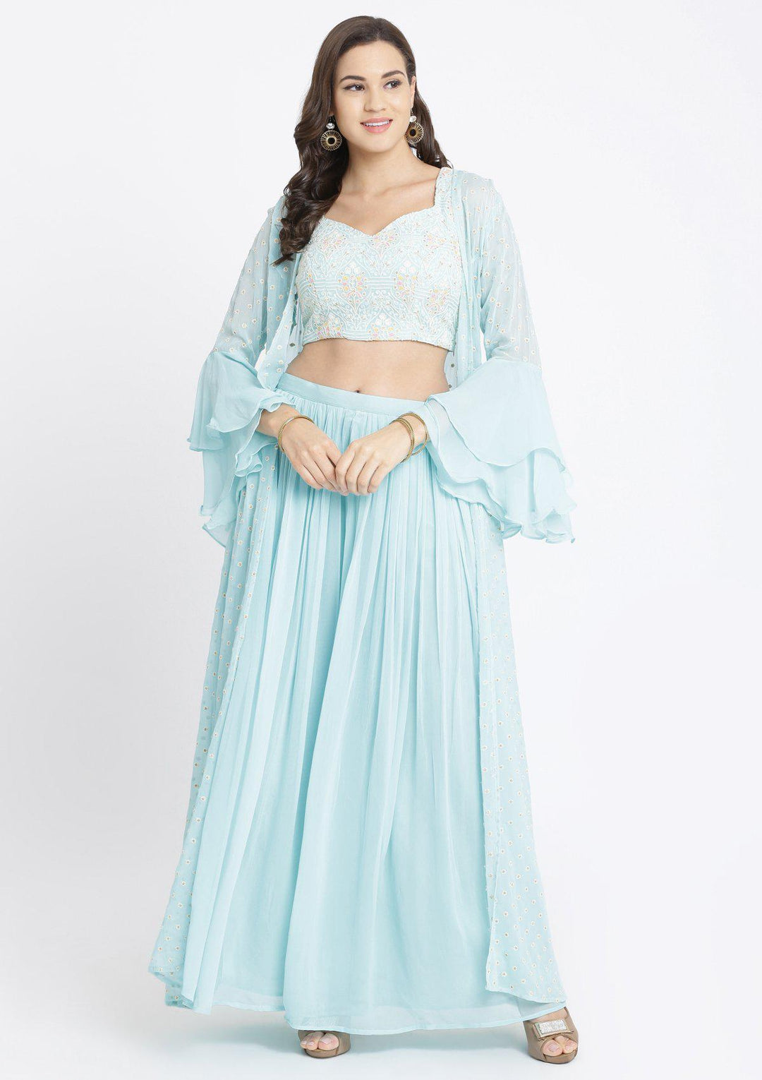 Sky Blue Threadwork Georgette Designer Crop Top Set-Koskii