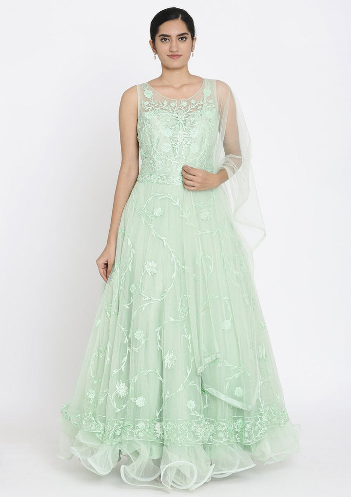 Pista Green Stonework Net Designer Gown - koskii
