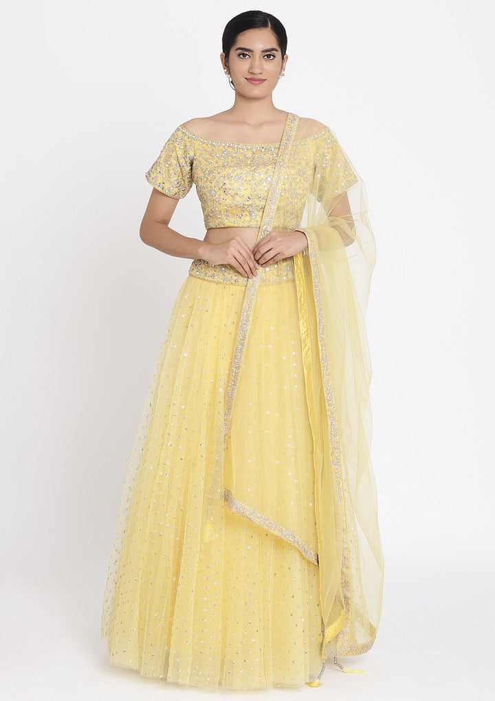 Yellow Zariwork Net Designer Lehenga - koskii