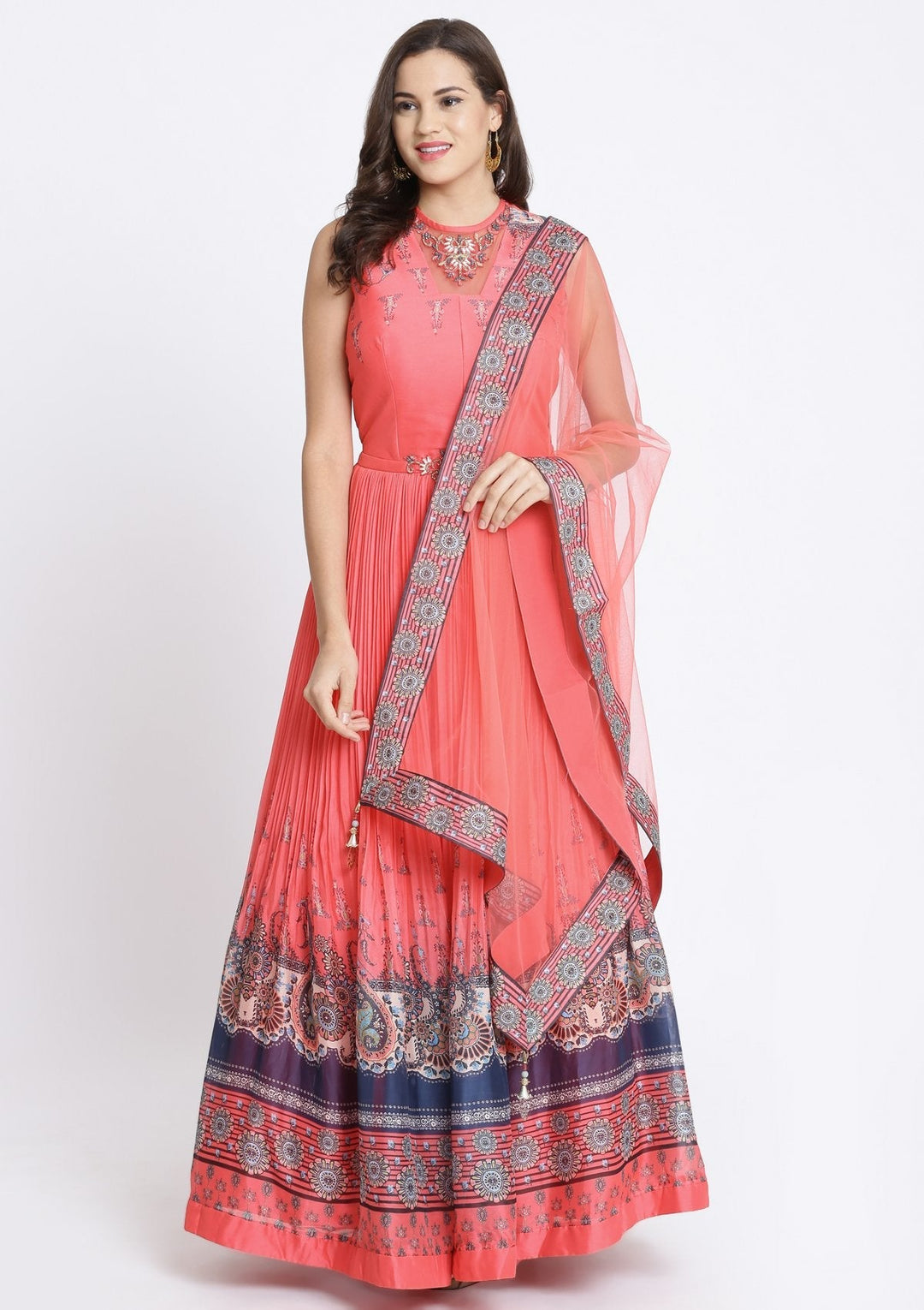 Coral Printed Georgette Designer Gown-Koskii