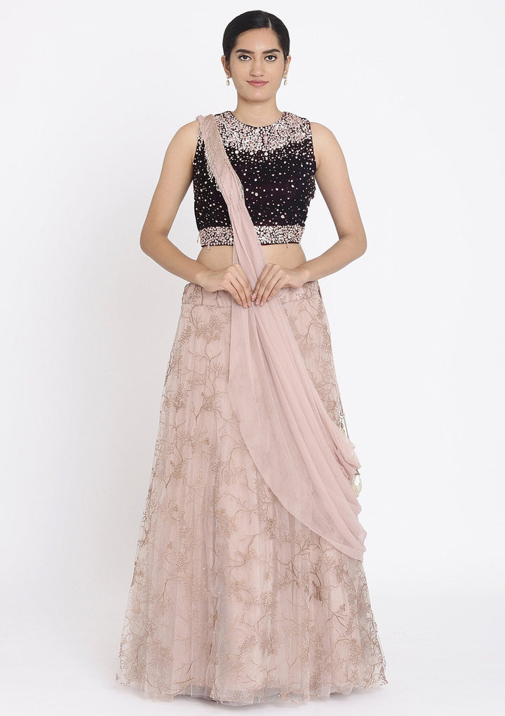 Lavender And Wine Stonework Net Designer Lehenga - koskii