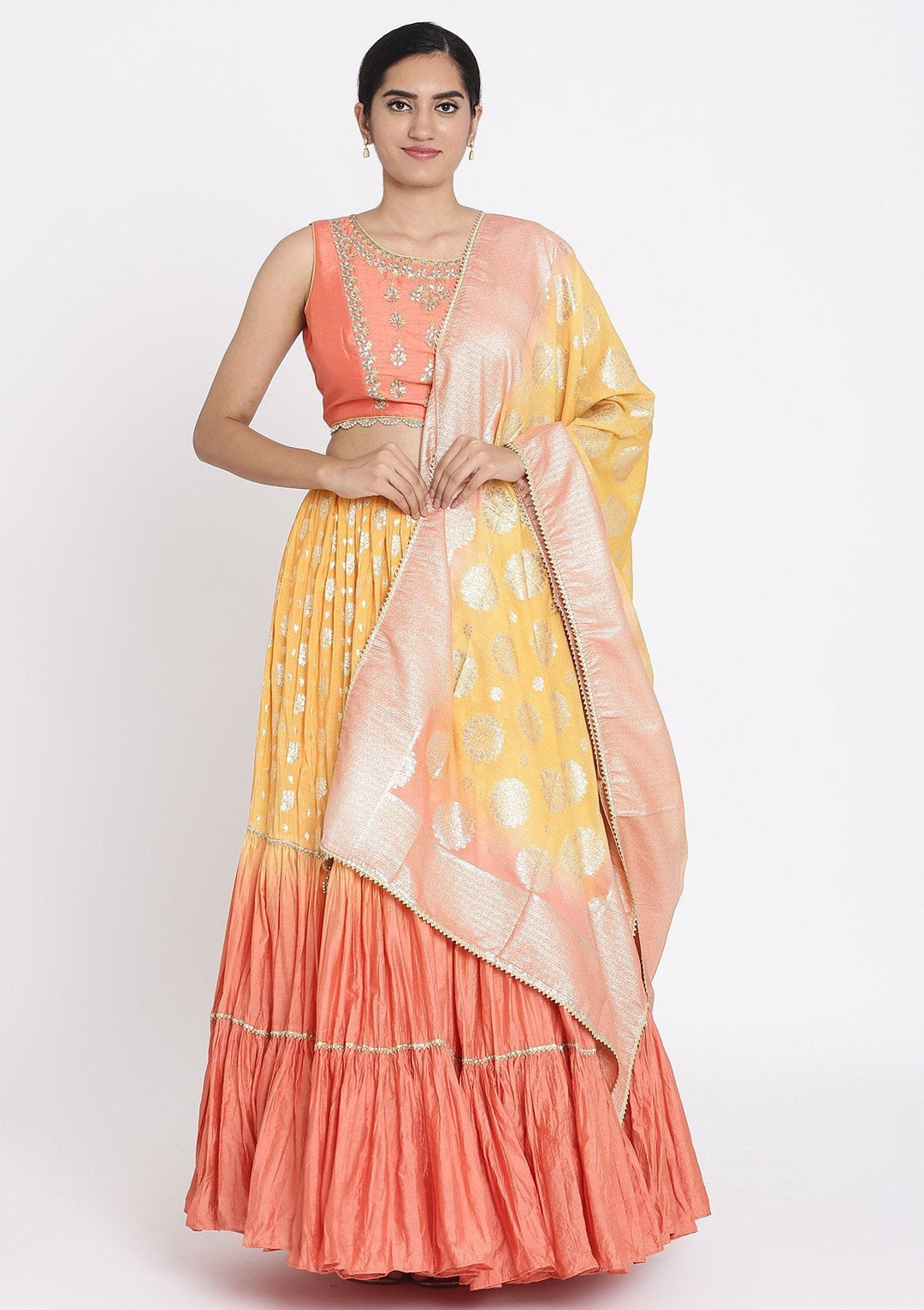Mustard And Peach Gotapatti Art Silk Designer Lehenga - koskii