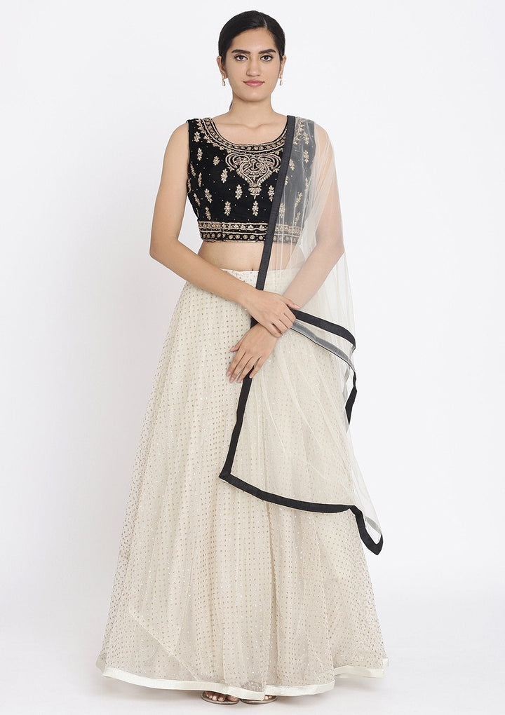 Cream And Black Stonework Net Designer Lehenga - koskii