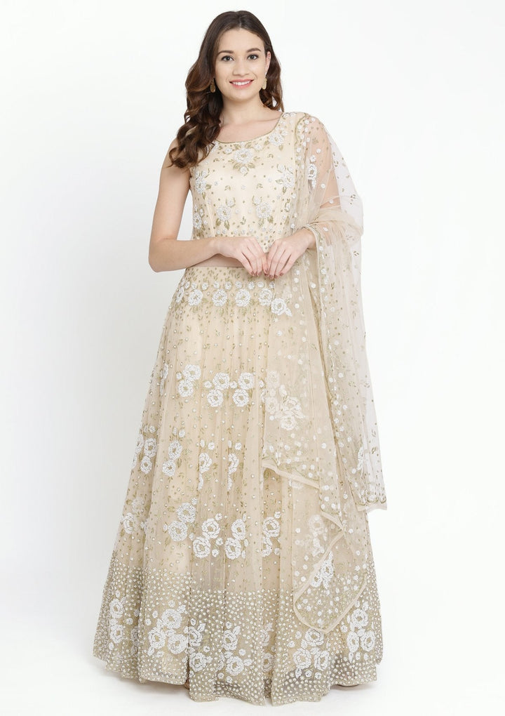 Beige Cutdana Net Designer Gown-Koskii
