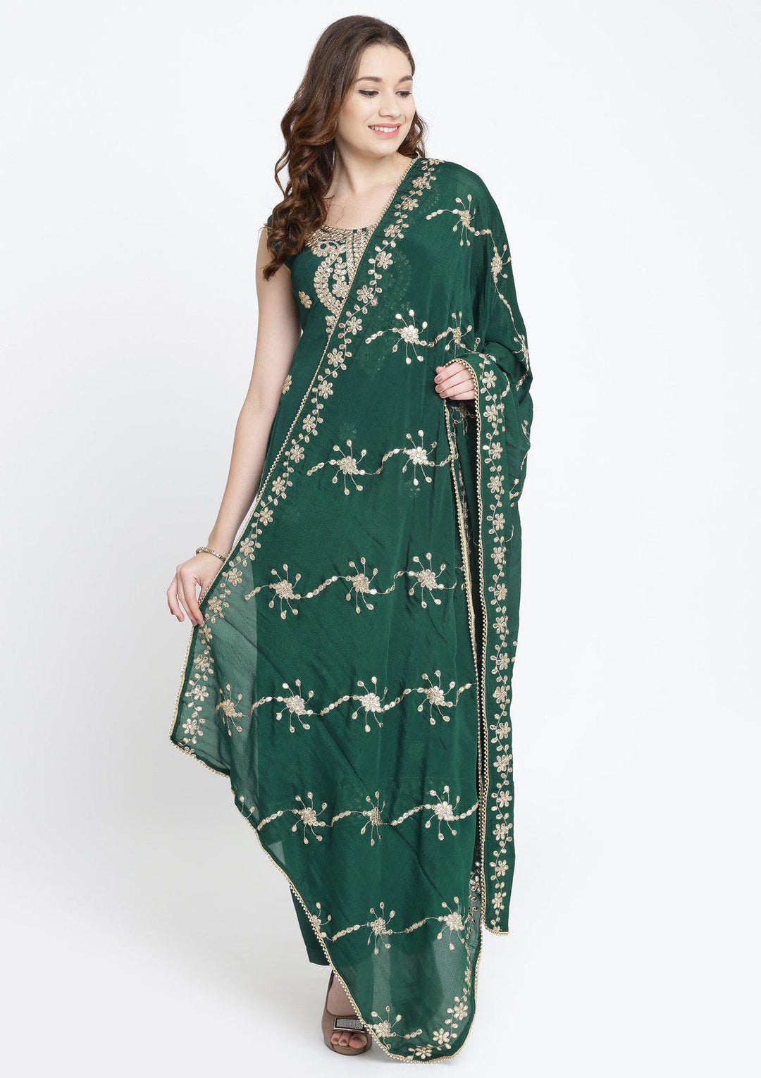 Bottle Green Gotapatti Semi Crepe Designer Salwar Suit-Koskii