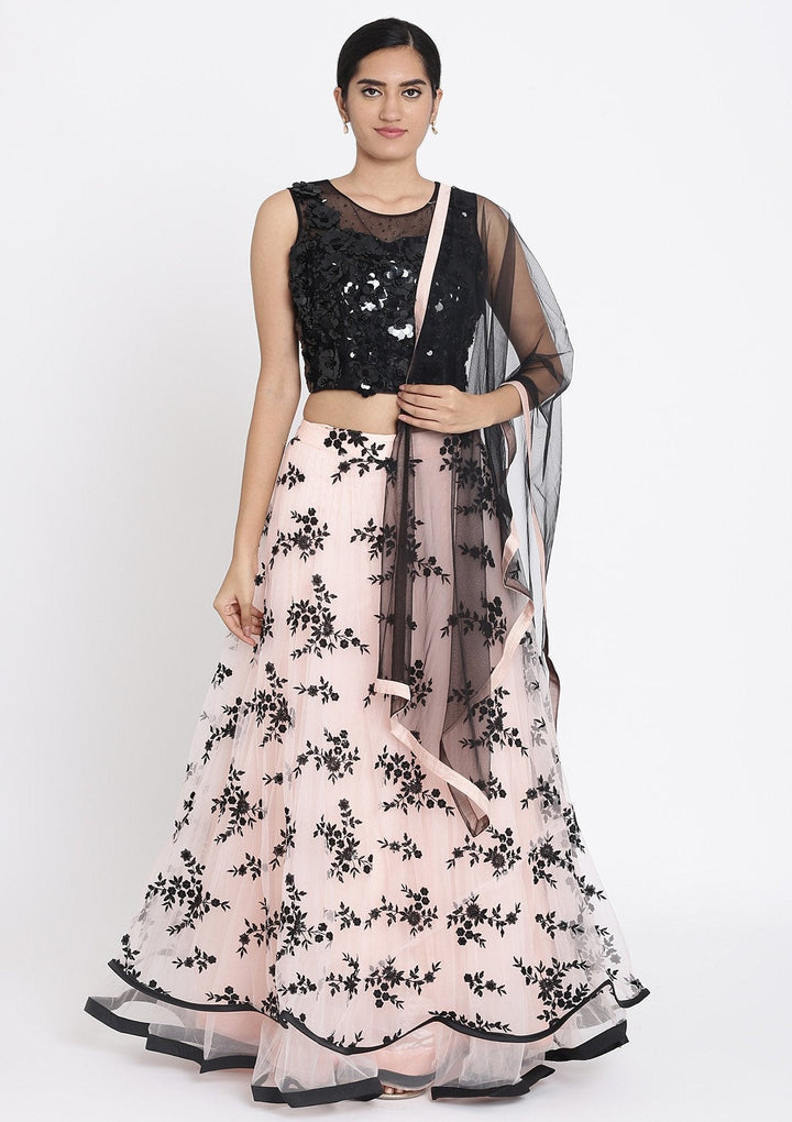 Baby Pink And Black Applique Net Designer Lehenga - koskii