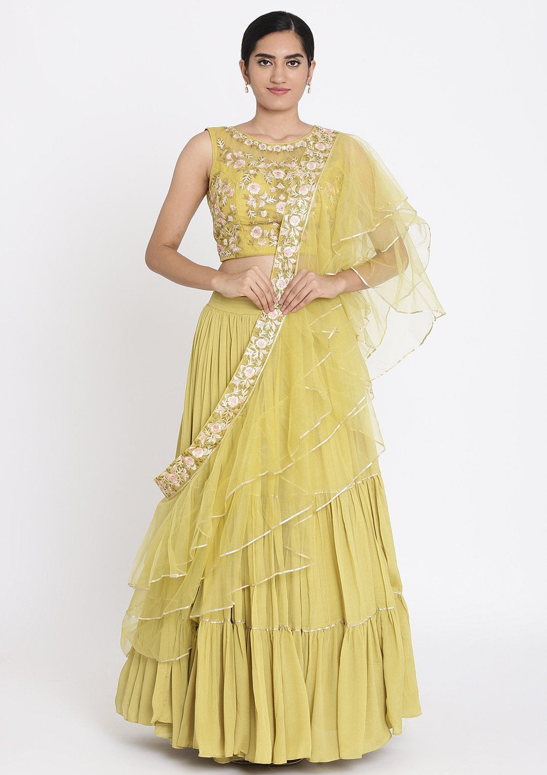 Mehendi Threadwork Georgette Designer Lehenga - koskii