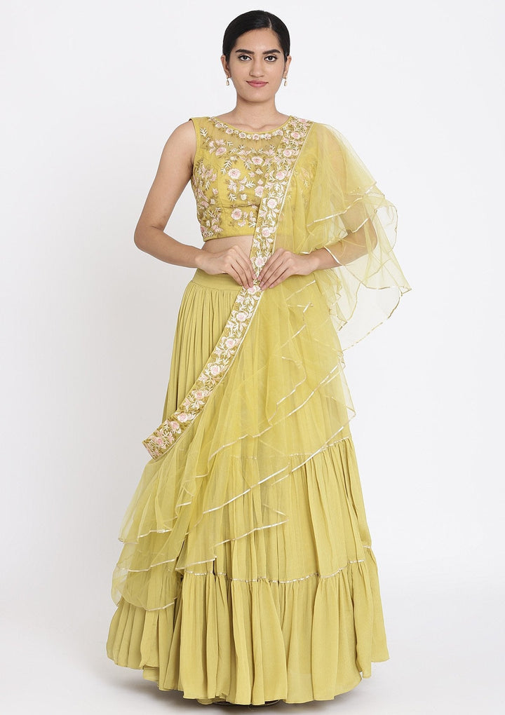 Mehendi Threadwork Georgette Designer Lehenga - koskii
