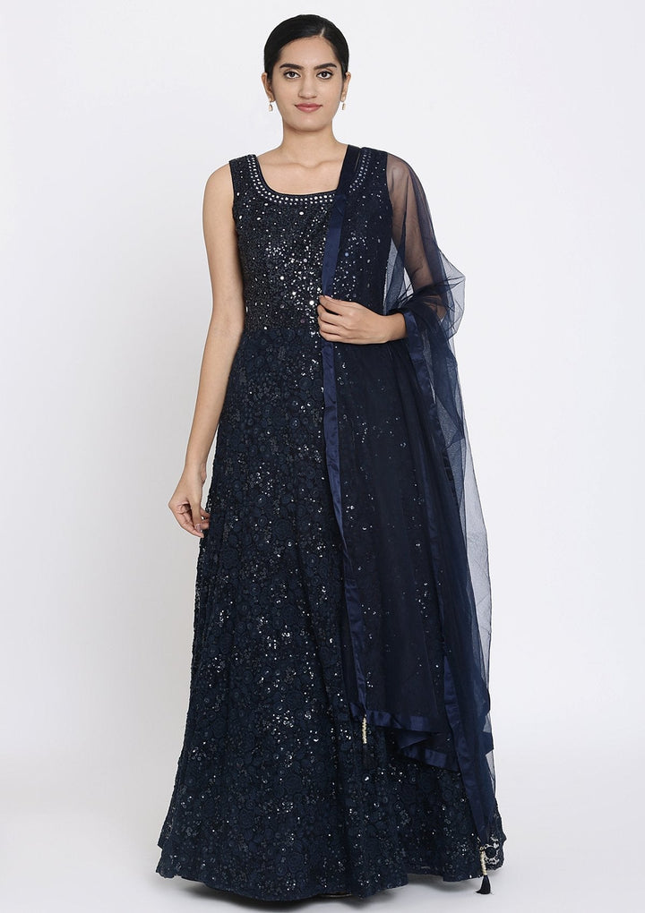 Navy Blue Chikankari Net Designer Gown - koskii