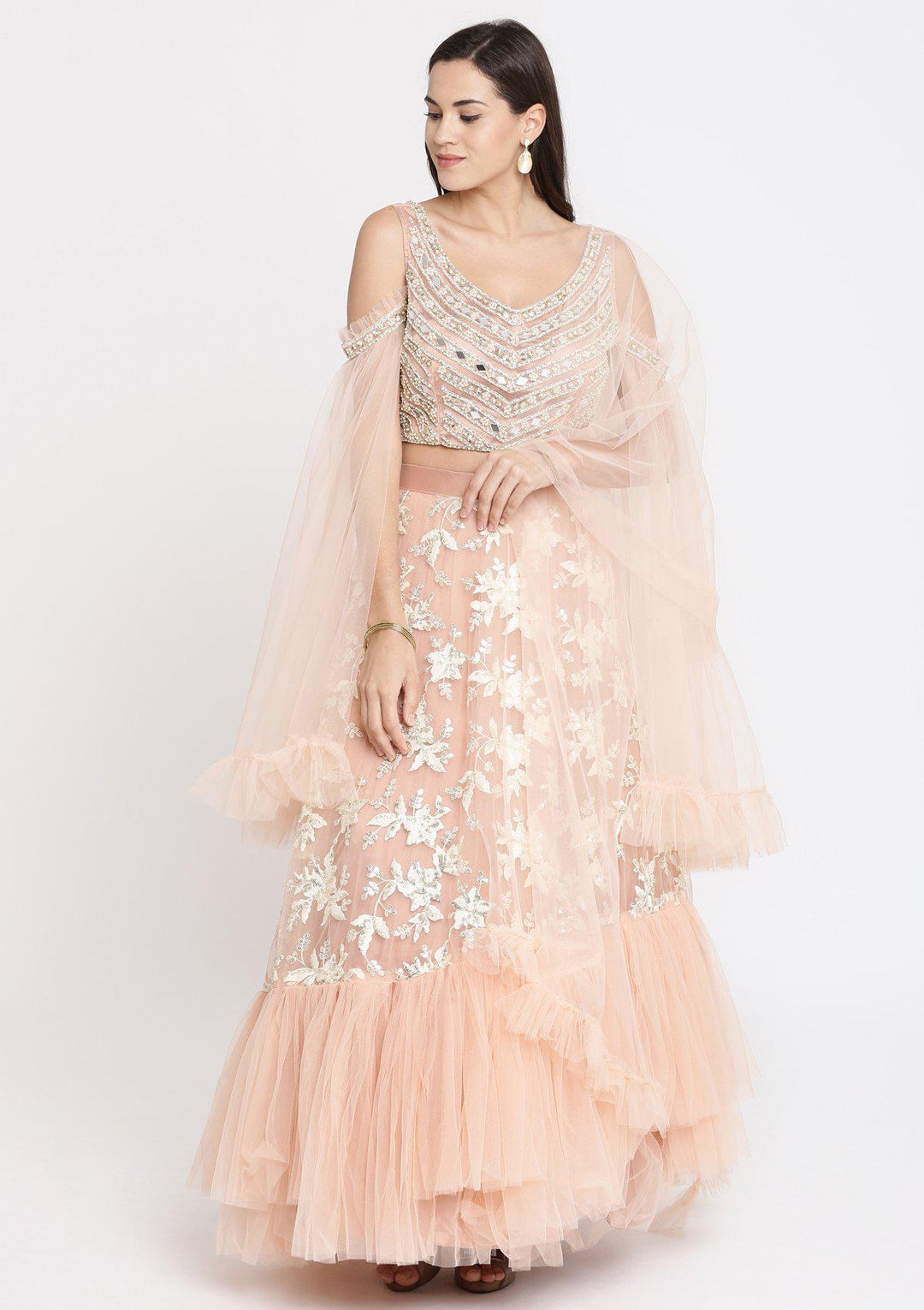 Peach Pearlwork Net Designer Lehenga-Koskii