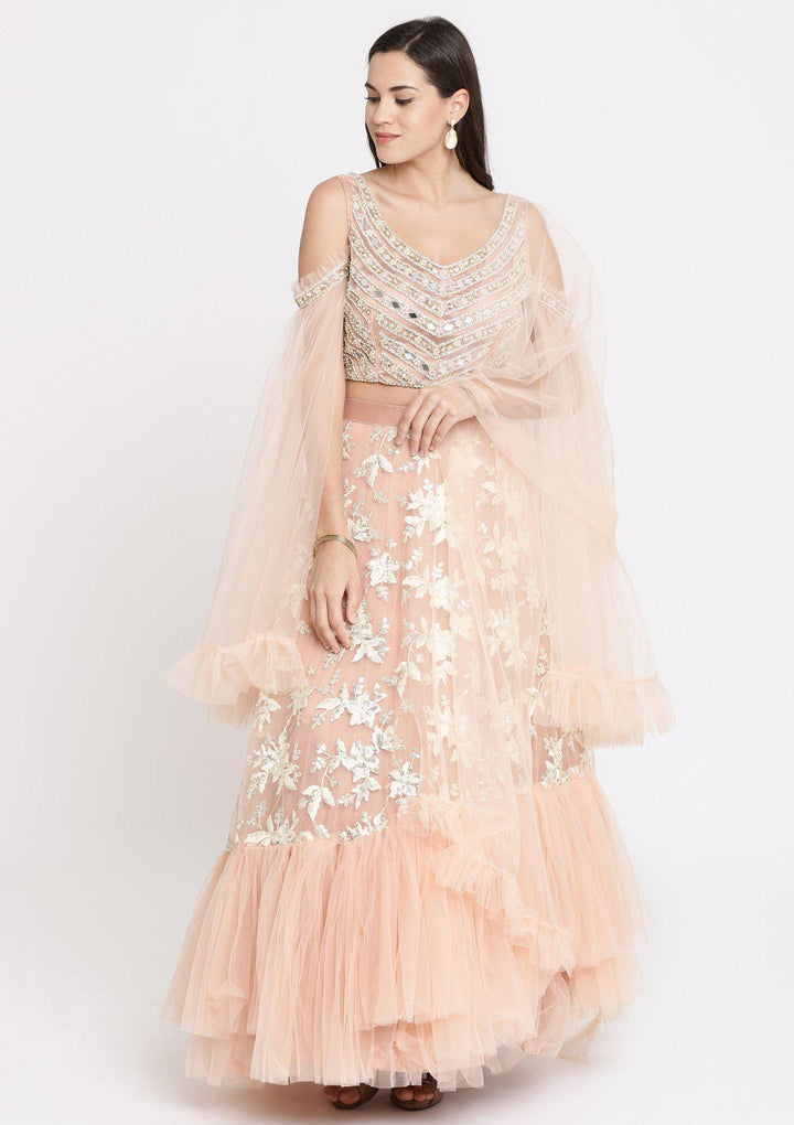 Peach Pearlwork Net Designer Lehenga-Koskii