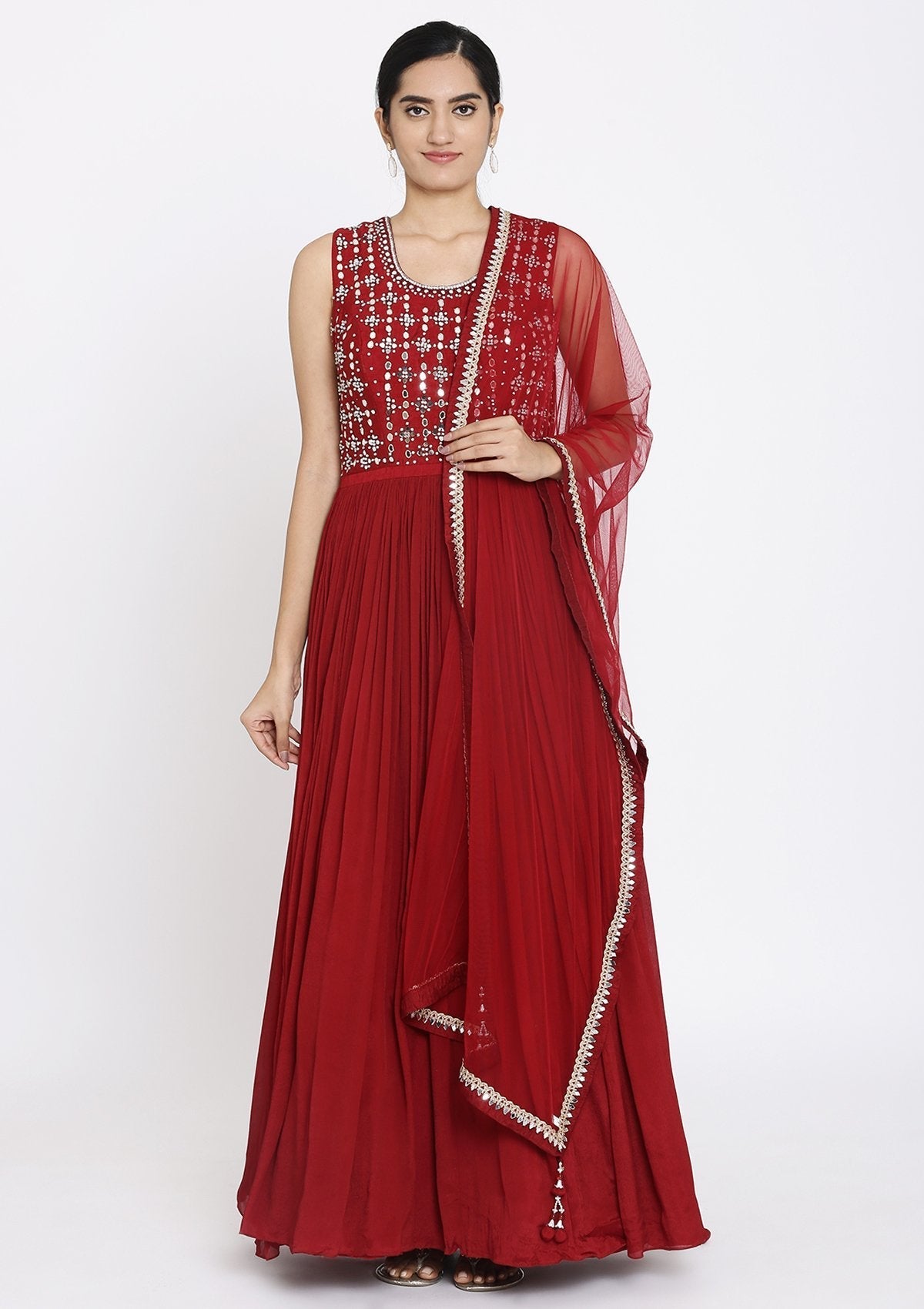 Maroon Mirrorwork Georgette Designer Gown - koskii